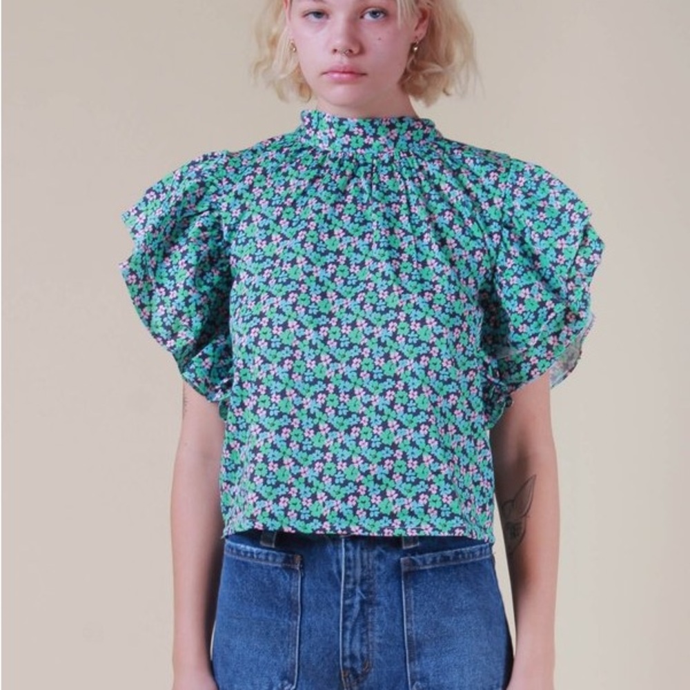 Damson Madder Organic Cotton Ruffle Sleeve Tie Crop Top Size Small